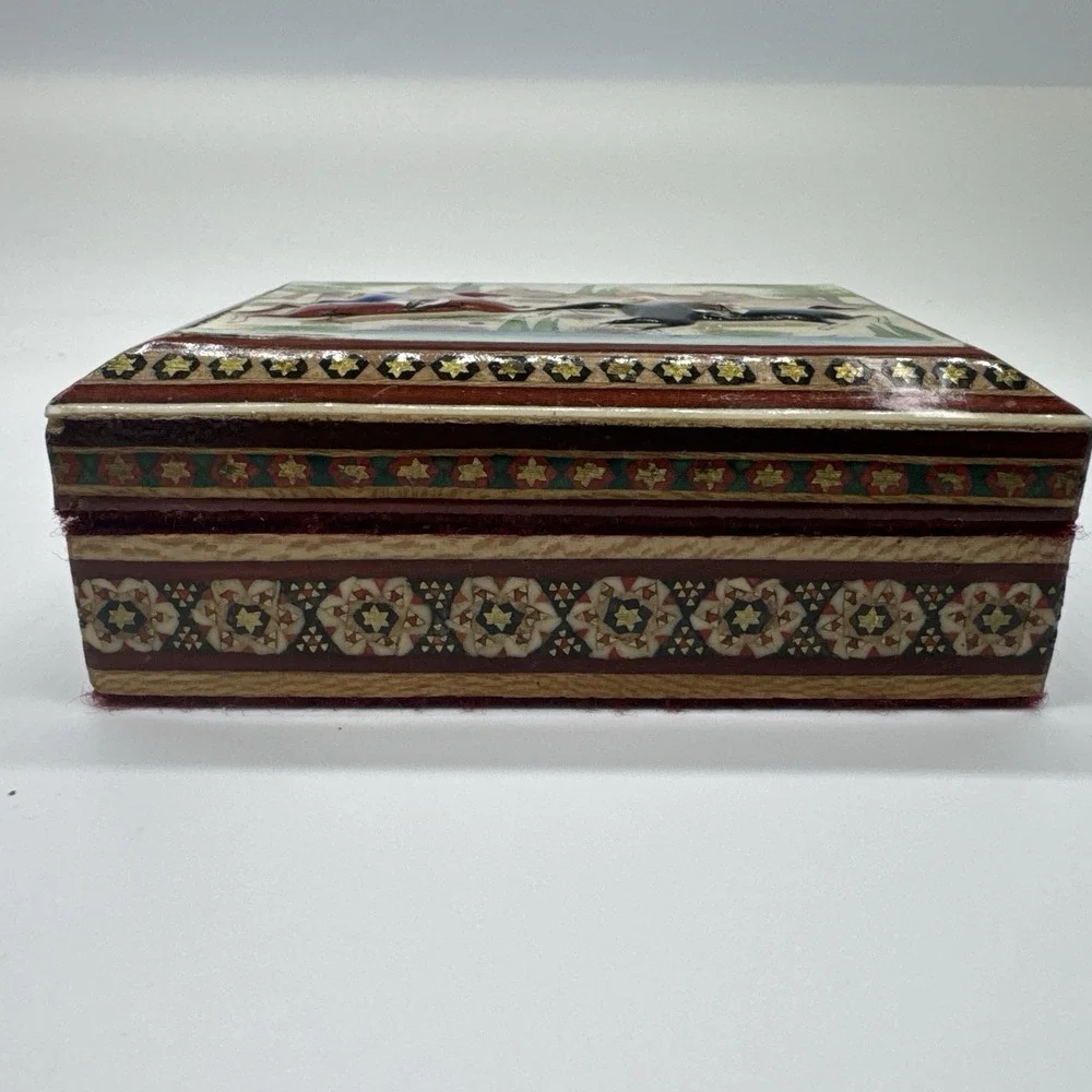 Persian Khatam Wood Trinket Box Hand Made Inlaid With Hunting Scenes On Lid